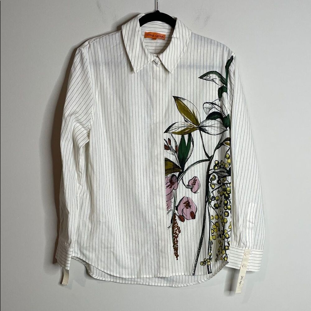 STINE GOYA Women’s Striped Floral Button Down Shirt 100% Cotton Size Small